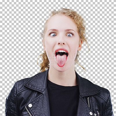 Buy stock photo Funny, tongue out and young woman with goofy, silly or playful personality and confidence. Happy, pride and person from Australia with crazy face expression isolated by transparent png background.