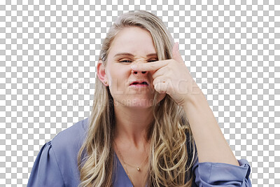 Buy stock photo Portrait, woman and gesture for nose, face or crazy for funny, joke or laugh. Female person, goofy or comic with facial expression on isolated or transparent png background for piggy, silly or humor