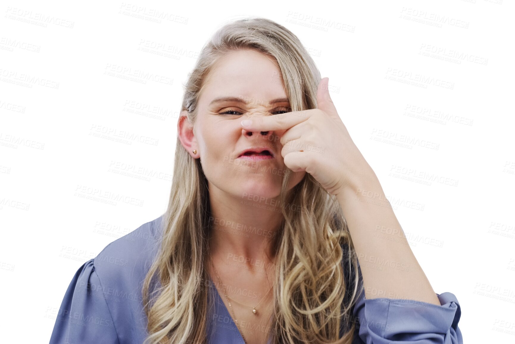 Buy stock photo Portrait, woman and gesture for nose, face or crazy for funny, joke or laugh. Female person, goofy or comic with facial expression on isolated or transparent png background for piggy, silly or humor