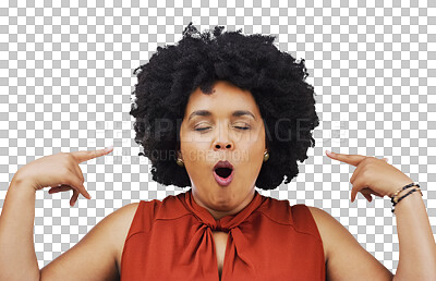 Buy stock photo Wow, face and funny woman with open mouth expression on isolated, transparent ad png background. Omg, mind blown and female model with hand pointing to eyes closed gesture for gossip, secret or news