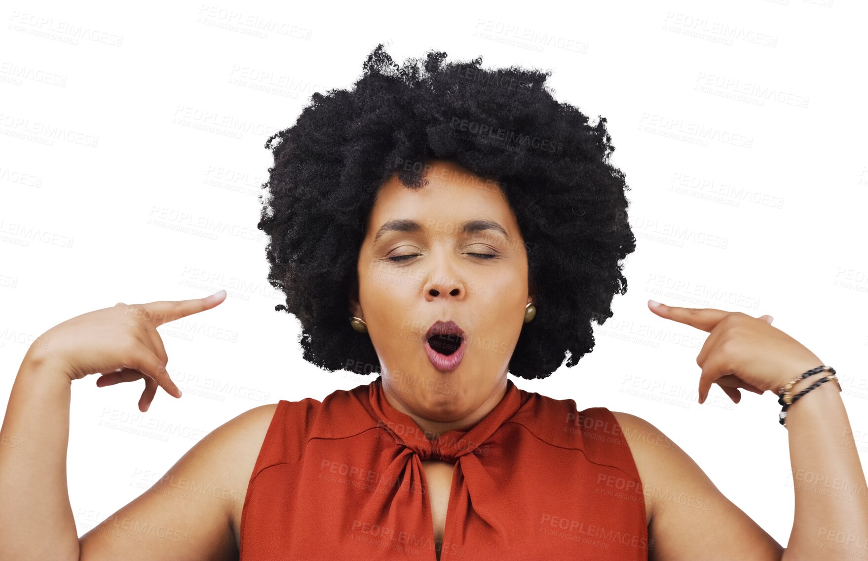 Buy stock photo Wow, face and funny woman with open mouth expression on isolated, transparent ad png background. Omg, mind blown and female model with hand pointing to eyes closed gesture for gossip, secret or news