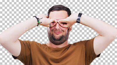 Buy stock photo Frame, man and funny hand glasses gesture on isolated, transparent or png background. Finger, shape and silly male model with nerd, geek or goofy mood, personality or spectacles, bullying or gesture