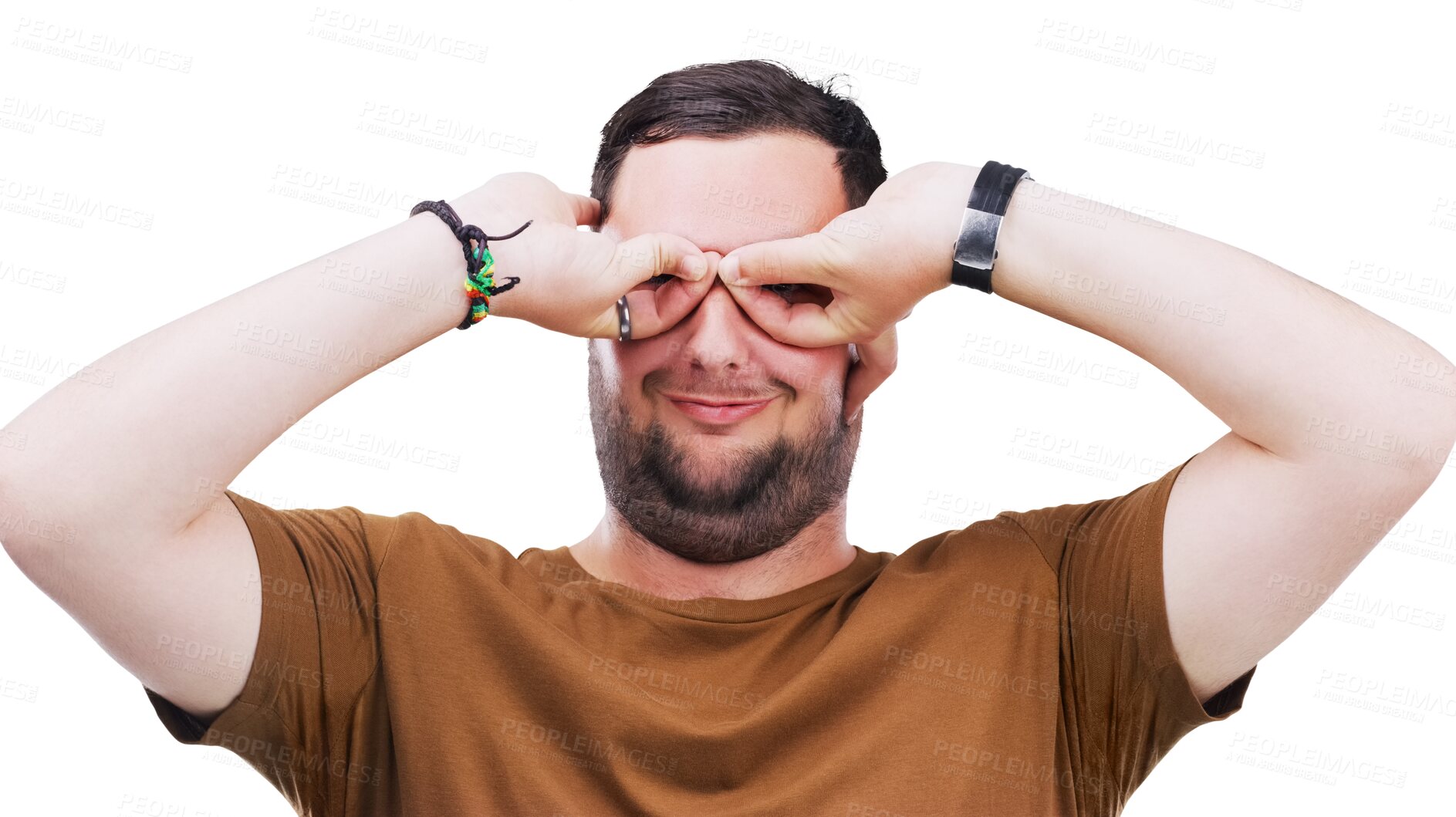 Buy stock photo Frame, man and funny hand glasses gesture on isolated, transparent or png background. Finger, shape and silly male model with nerd, geek or goofy mood, personality or spectacles, bullying or gesture