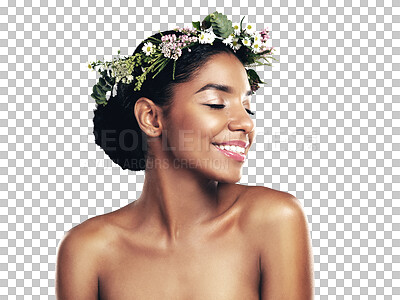 Buy stock photo Beauty, smile and flower crown for wellness with a black woman isolated on transparent background. Skincare, natural and wreath with a happy young model on PNG for health, sustainability or cosmetics