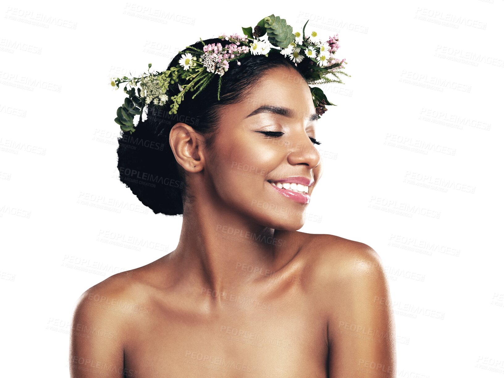 Buy stock photo Beauty, smile and flower crown for wellness with a black woman isolated on transparent background. Skincare, natural and wreath with a happy young model on PNG for health, sustainability or cosmetics