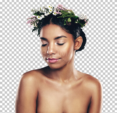 Buy stock photo Beauty, natural and flower crown for wellness with a black woman isolated on transparent background. Skincare, eyes closed and wreath with a young model on PNG for health, sustainability or cosmetics