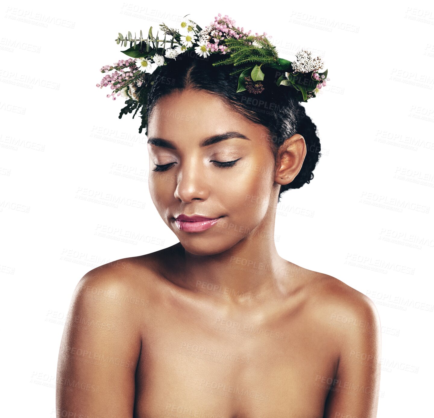 Buy stock photo Beauty, natural and flower crown for wellness with a black woman isolated on transparent background. Skincare, eyes closed and wreath with a young model on PNG for health, sustainability or cosmetics