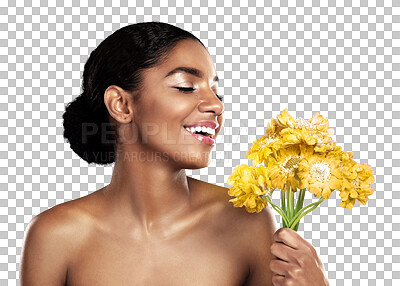 Buy stock photo Happy woman, yellow flowers and natural skincare, eco friendly beauty or isolated on transparent png background. African person, cosmetics and smile or daisy plant for grooming, glow of floral facial