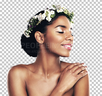 Buy stock photo Skincare, smile and flower crown for wellness with a black woman isolated on transparent background. Beauty, natural and wreath with a happy young model on PNG for health, sustainability or cosmetics