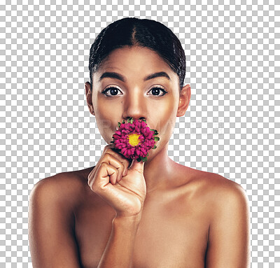 Buy stock photo Woman, portrait and flower in mouth for skincare or organic beauty, eco friendly or isolated on transparent png background. Female person, face and purple daisy plant, cosmetic bloom or floral facial