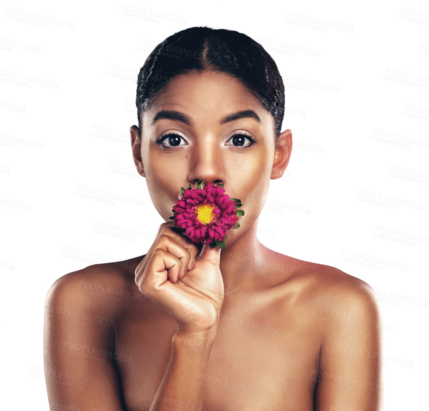 Buy stock photo Woman, portrait and flower in mouth for skincare or organic beauty, eco friendly or isolated on transparent png background. Female person, face and purple daisy plant, cosmetic bloom or floral facial