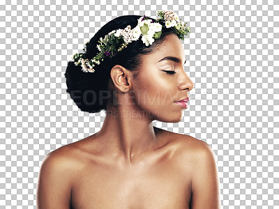 Buy stock photo Beauty, profile and flower crown for wellness with a black woman isolated on transparent background. Skincare, natural and wreath with the face of a young model on PNG for health or sustainability