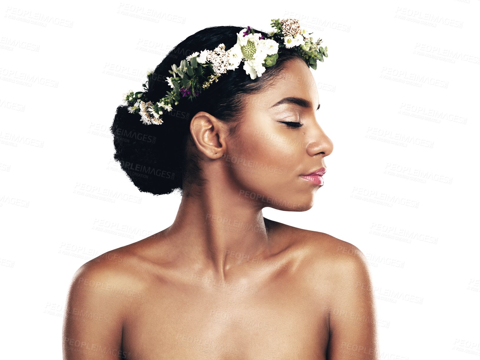 Buy stock photo Beauty, profile and flower crown for wellness with a black woman isolated on transparent background. Skincare, natural and wreath with the face of a young model on PNG for health or sustainability