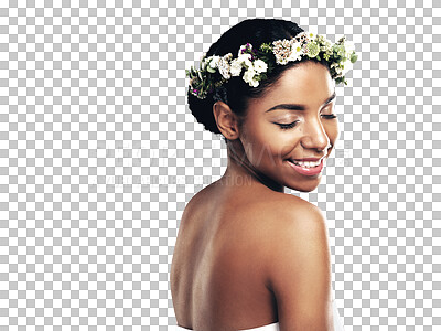 Buy stock photo Beauty, smile and flower crown with a natural black woman isolated on transparent background. Skincare, wellness and wreath with a happy young model on PNG for health, sustainability or cosmetics