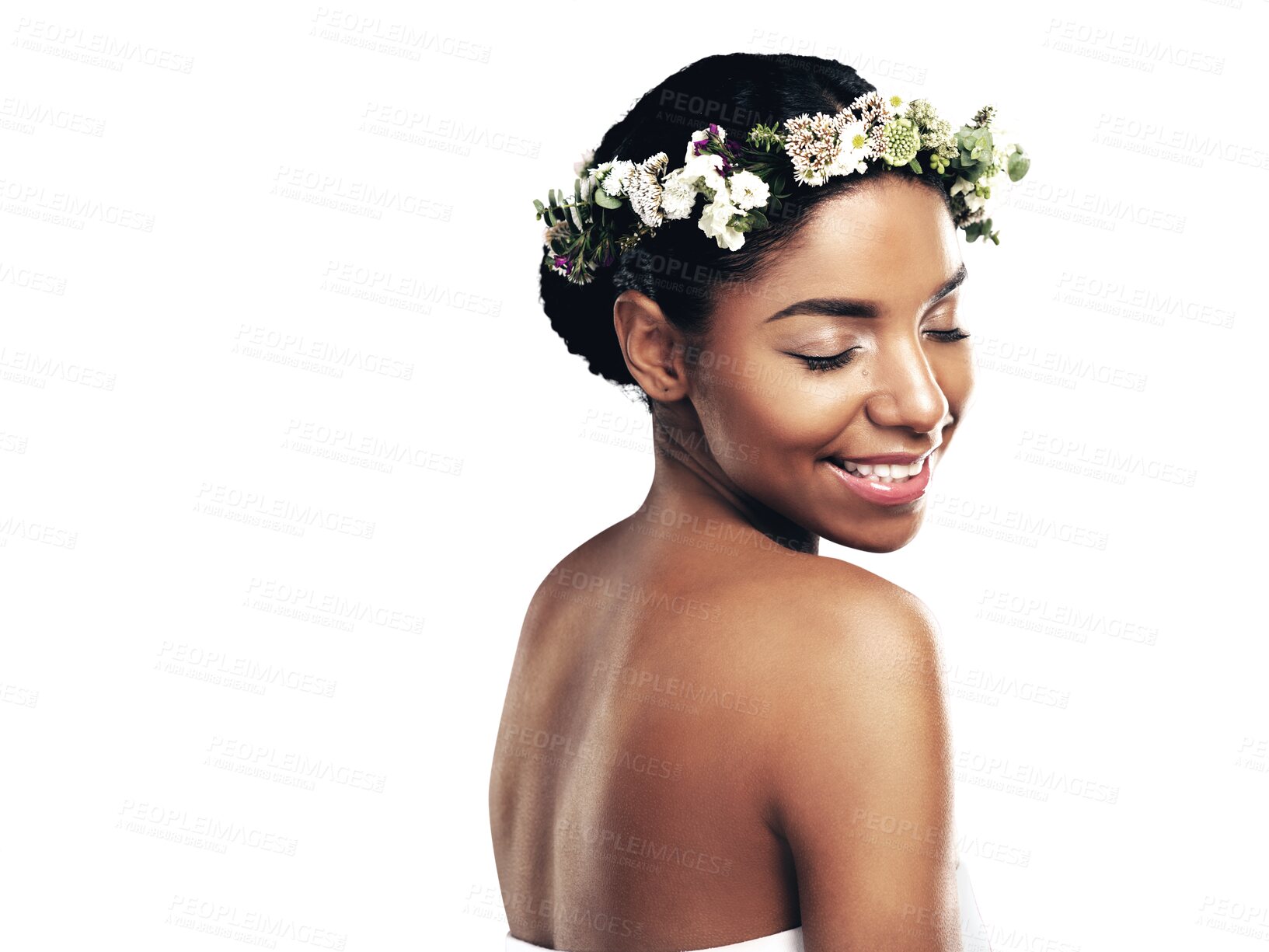 Buy stock photo Beauty, smile and flower crown with a natural black woman isolated on transparent background. Skincare, wellness and wreath with a happy young model on PNG for health, sustainability or cosmetics