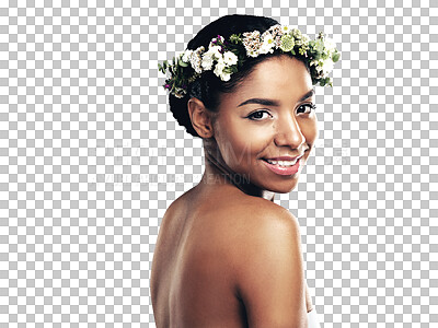 Buy stock photo Portrait, beauty and flower crown for wellness with a black woman isolated on transparent background. Face, skincare and smile with a happy young model on PNG for health, sustainability or cosmetics