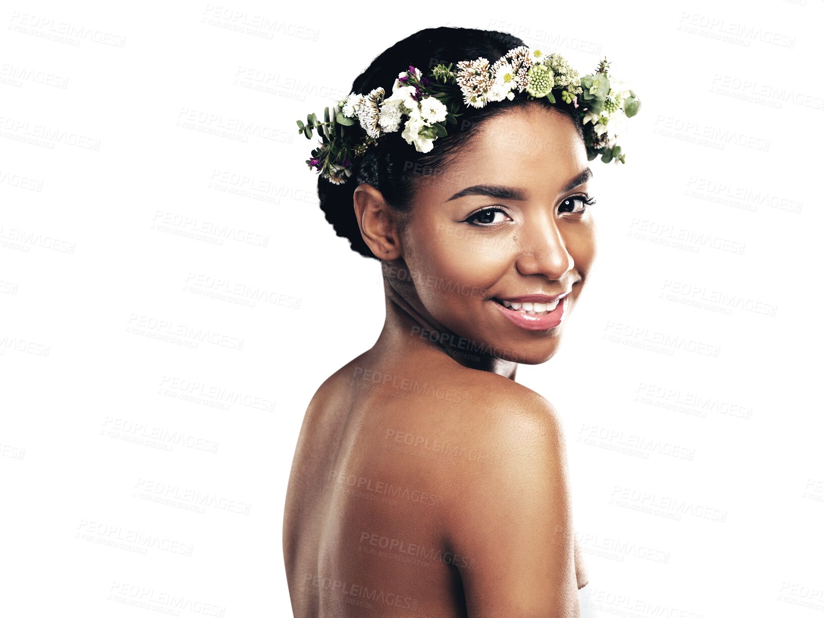 Buy stock photo Portrait, beauty and flower crown for wellness with a black woman isolated on transparent background. Face, skincare and smile with a happy young model on PNG for health, sustainability or cosmetics