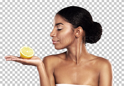 Buy stock photo Lemon fruit, beauty and skincare of black woman with healthy nutrition, diet and organic. Young person, natural citrus cosmetics and food, vegan wellness and vitamin c on a transparent png background