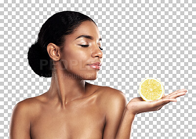 Buy stock photo Lemon fruit, natural and skincare of black woman with healthy nutrition, diet and organic. Young person, citrus cosmetics and beauty food, vegan wellness and vitamin c on a transparent png background