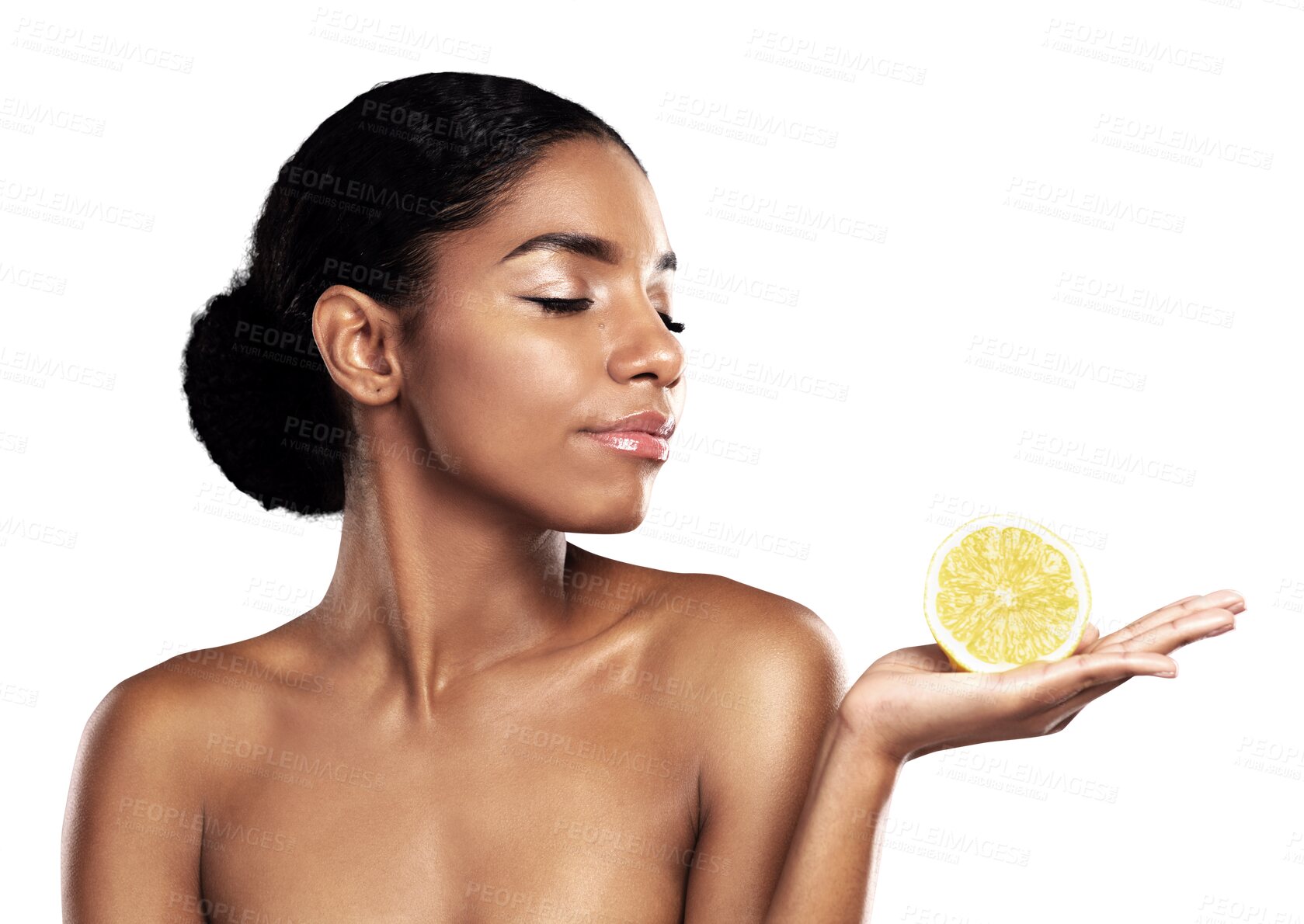 Buy stock photo Lemon fruit, natural and skincare of black woman with healthy nutrition, diet and organic. Young person, citrus cosmetics and beauty food, vegan wellness and vitamin c on a transparent png background