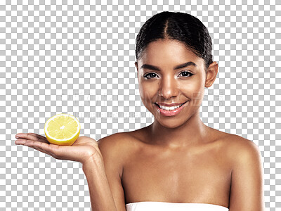 Buy stock photo Lemon, happy black woman and skincare, portrait and healthy nutrition, organic diet and beauty benefits. Face, natural fruit cosmetics and food, wellness and vitamin c on a transparent png background