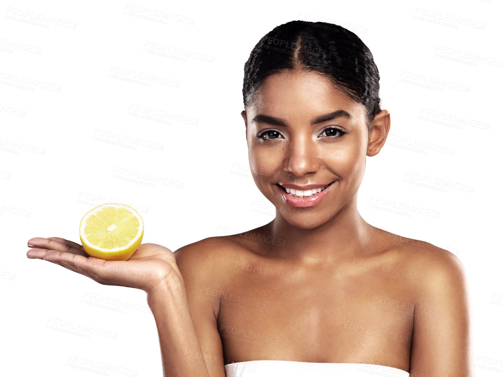 Buy stock photo Lemon, happy black woman and skincare, portrait and healthy nutrition, organic diet and beauty benefits. Face, natural fruit cosmetics and food, wellness and vitamin c on a transparent png background