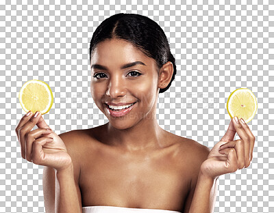 Buy stock photo Lemon, skincare of happy black woman and portrait with healthy nutrition, organic diet or beauty. Face, natural fruit cosmetics and food, wellness or vitamin c isolated on transparent png background