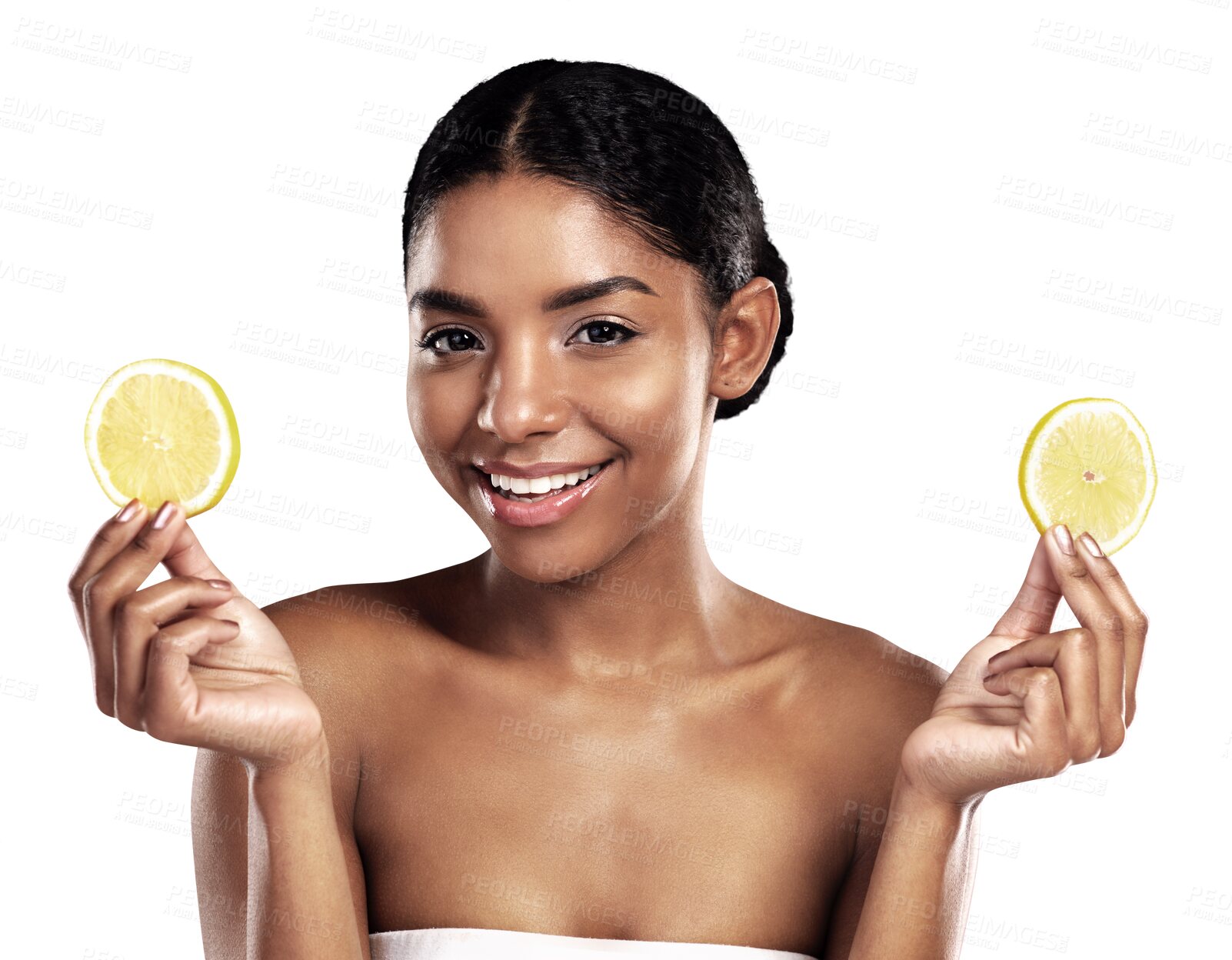 Buy stock photo Lemon, skincare of happy black woman and portrait with healthy nutrition, organic diet or beauty. Face, natural fruit cosmetics and food, wellness or vitamin c isolated on transparent png background