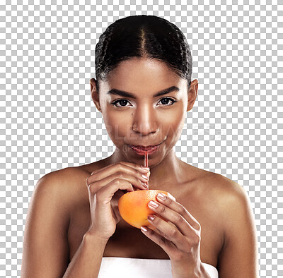 Buy stock photo Beauty, portrait or woman and drinking grapefruit isolated on png transparent background for health and wellness. Black person, smile or makeup with fruit for nutrition, healthy diet or organic detox