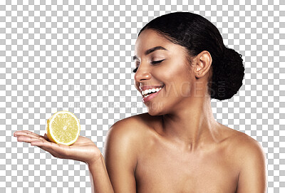 Buy stock photo Lemon, fruit and skincare of happy black woman with healthy nutrition, organic diet and beauty. Person, natural citrus cosmetics and food, vegan wellness and vitamin c on a transparent png background