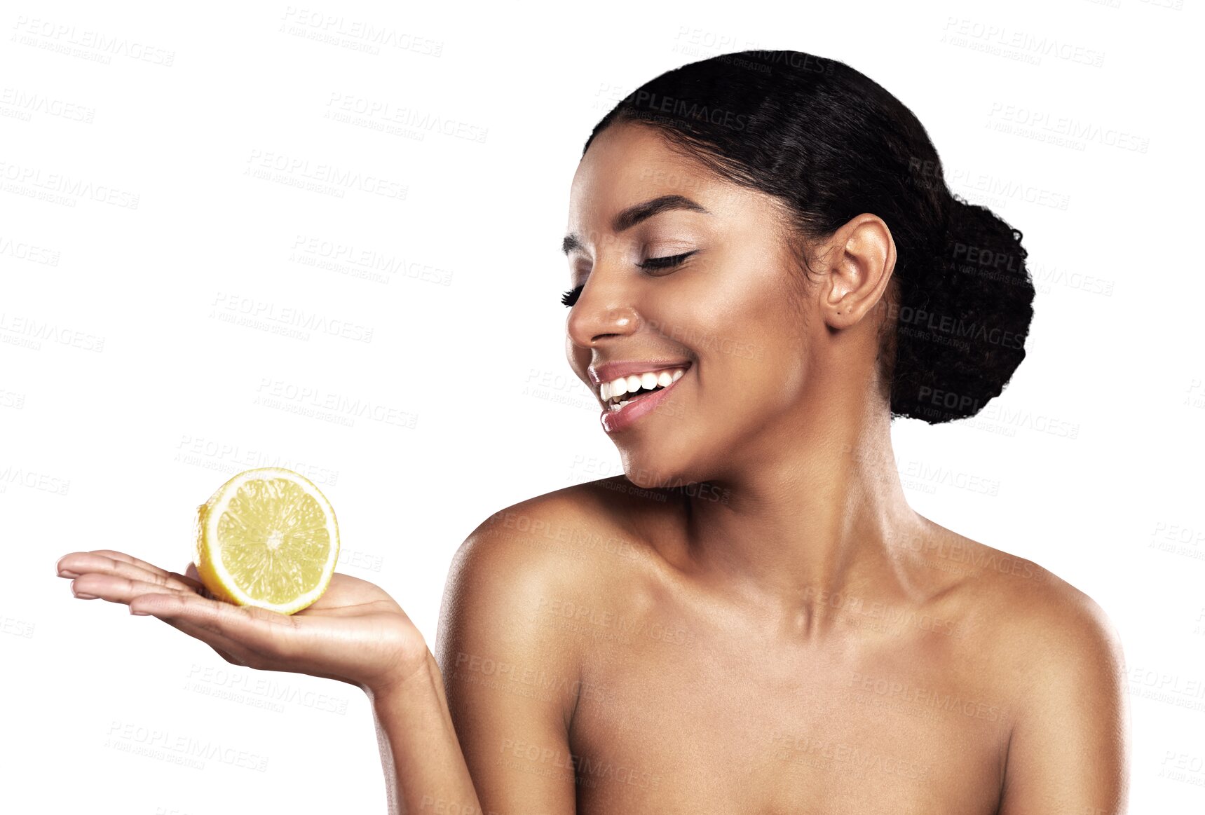 Buy stock photo Lemon, fruit and skincare of happy black woman with healthy nutrition, organic diet and beauty. Person, natural citrus cosmetics and food, vegan wellness and vitamin c on a transparent png background