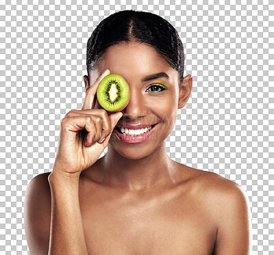 Buy stock photo Skincare, kiwi and woman face or eye beauty for cosmetics. natural product and Vitamin C makeup. Portrait of young African model, green fruits and dermatology isolated on a transparent PNG background