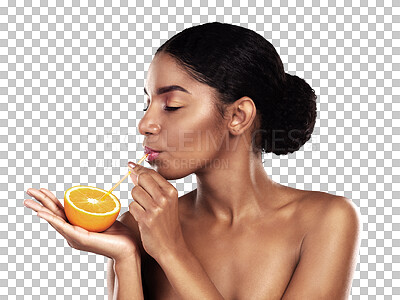 Buy stock photo Beauty, portrait or woman and drinking an orange isolated on png transparent background for health and wellness. Black person, smile or makeup with fruit for nutrition, healthy diet or organic detox