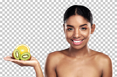 Buy stock photo Woman, beauty portrait and fruit for wellness, happy girl and nutrition diet for health benefits. Orange, kiwi and vitamin c with organic make up on face and isolated on transparent png background 