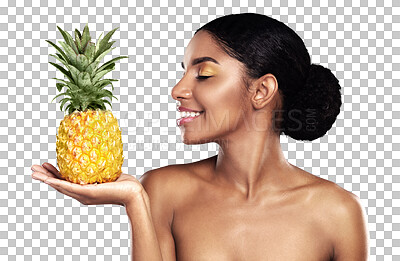 Buy stock photo Happy woman, skin care and pineapple for beauty, cosmetics and natural product or Vitamin C on palm. African model with tropical fruit offer for dermatology isolated on a transparent, PNG background