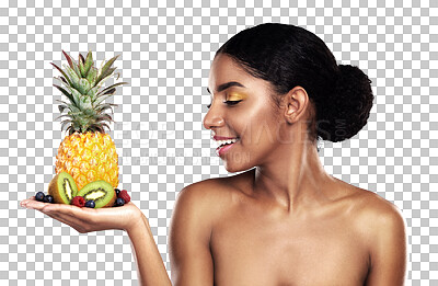 Buy stock photo Happy woman, skincare and beauty fruits for cosmetics or natural product on palm. African model with healthy pineapple, kiwi and raspberry offer for dermatology isolated on transparent PNG background