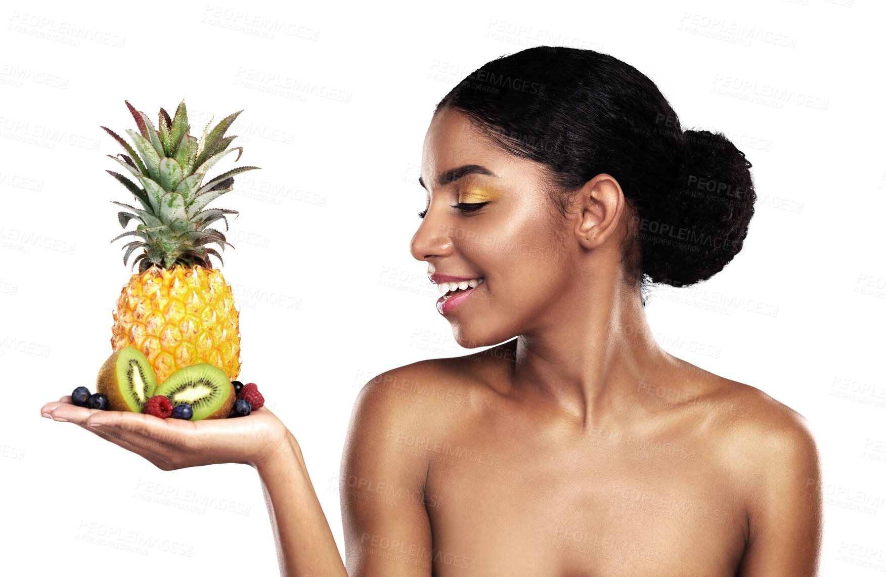 Buy stock photo Happy woman, skincare and beauty fruits for cosmetics or natural product on palm. African model with healthy pineapple, kiwi and raspberry offer for dermatology isolated on transparent PNG background