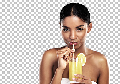 Buy stock photo Portrait of woman, glass and orange juice with healthy nutrition and vitamin c isolated on a transparent background. Face, person and model with natural diet for skincare, fruit cocktail and png