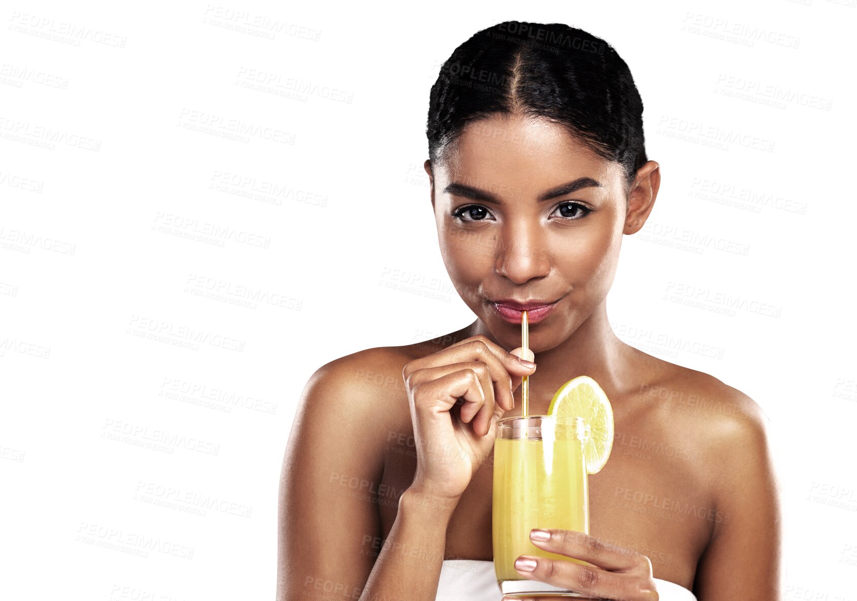 Buy stock photo Portrait of woman, glass and orange juice with healthy nutrition and vitamin c isolated on a transparent background. Face, person and model with natural diet for skincare, fruit cocktail and png