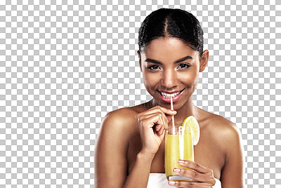 Buy stock photo Portrait of woman, glass and orange juice with nutrition, fruit cocktail and vitamin c isolated on transparent background. Face, person and model with natural diet for skincare, healthy drink and png