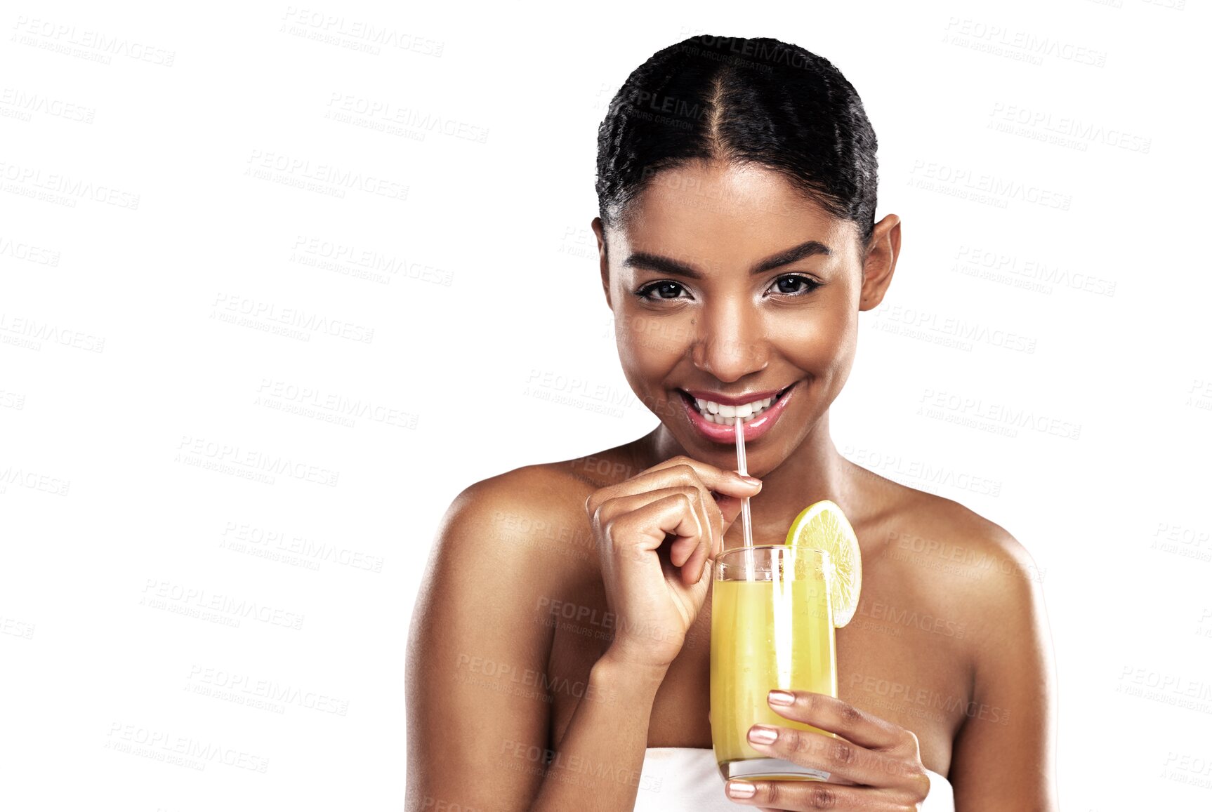 Buy stock photo Portrait of woman, glass and orange juice with nutrition, fruit cocktail and vitamin c isolated on transparent background. Face, person and model with natural diet for skincare, healthy drink and png