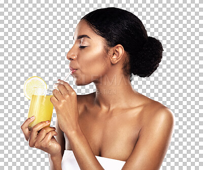 Buy stock photo Orange juice, woman or drink with straw in health wellness or detox digestion in weight loss. Citrus fruit, organic or vitamin c benefits for natural beauty or isolated on transparent png background 