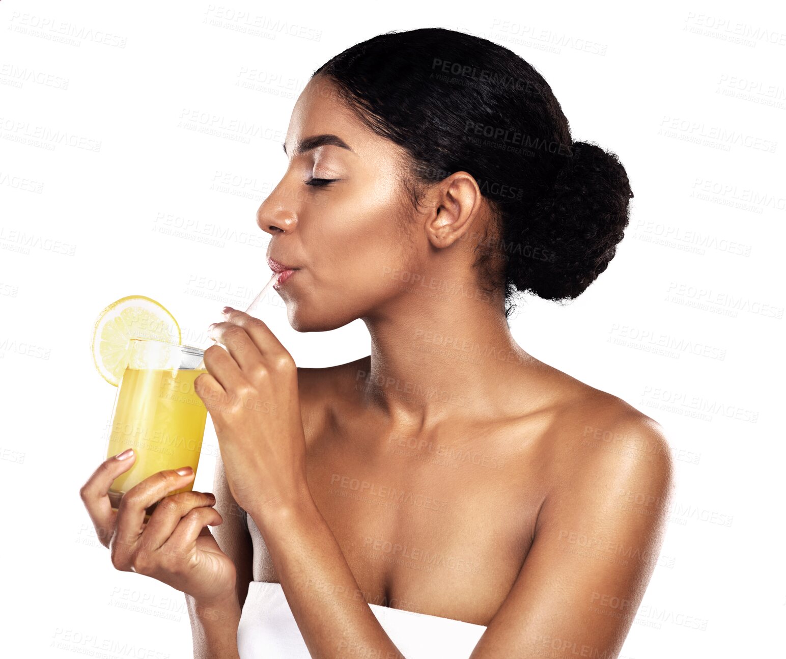 Buy stock photo Orange juice, woman or drink with straw in health wellness or detox digestion in weight loss. Citrus fruit, organic or vitamin c benefits for natural beauty or isolated on transparent png background 