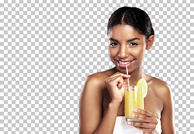 Buy stock photo Woman, beauty portrait and orange juice for health wellness, happy and nutrition drink for digestion. Detox, citrus and vitamin c benefits with vegan diet and isolated on transparent png background 