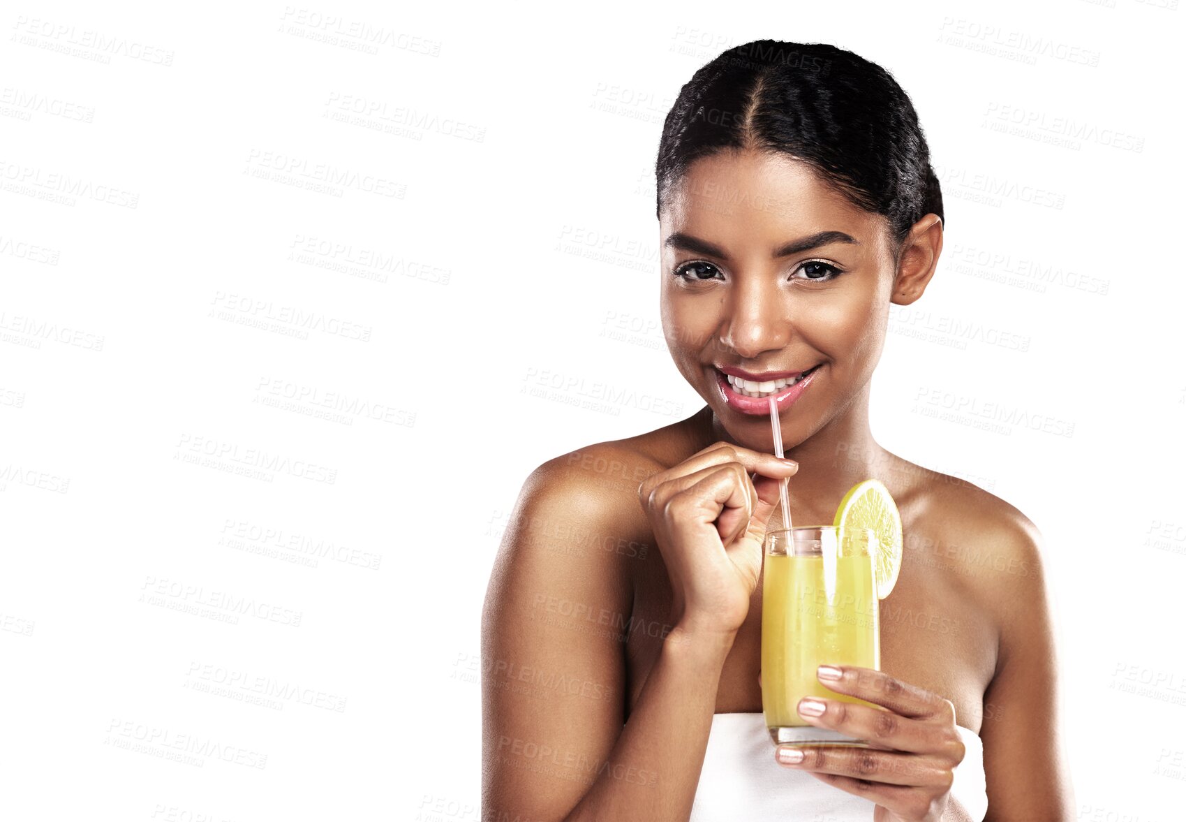 Buy stock photo Woman, beauty portrait and orange juice for health wellness, happy and nutrition drink for digestion. Detox, citrus and vitamin c benefits with vegan diet and isolated on transparent png background 