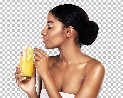 Buy stock photo Beauty, detox and orange juice for wellness with a black woman isolated on a transparent background. Skincare, glass and drink for health or nutrition with a young person on PNG for a vitamin diet