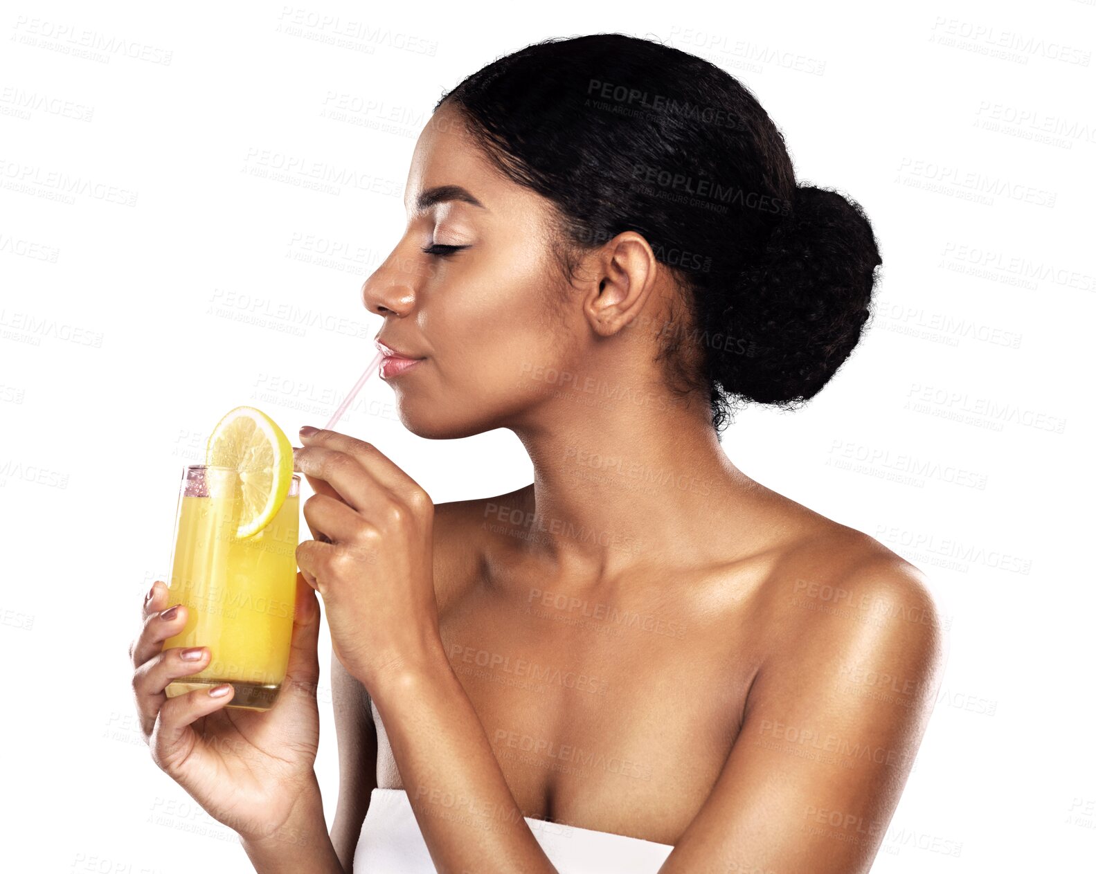 Buy stock photo Beauty, detox and orange juice for wellness with a black woman isolated on a transparent background. Skincare, glass and drink for health or nutrition with a young person on PNG for a vitamin diet