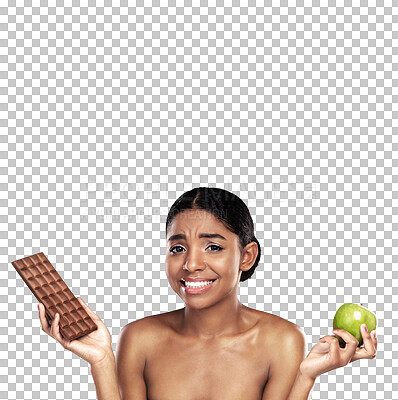 Buy stock photo Woman, portrait and chocolate or apple in diet balance, choice or isolated transparent png background. Indian person, face and candy or fruit discipline health decision, sugar craving or lose weight