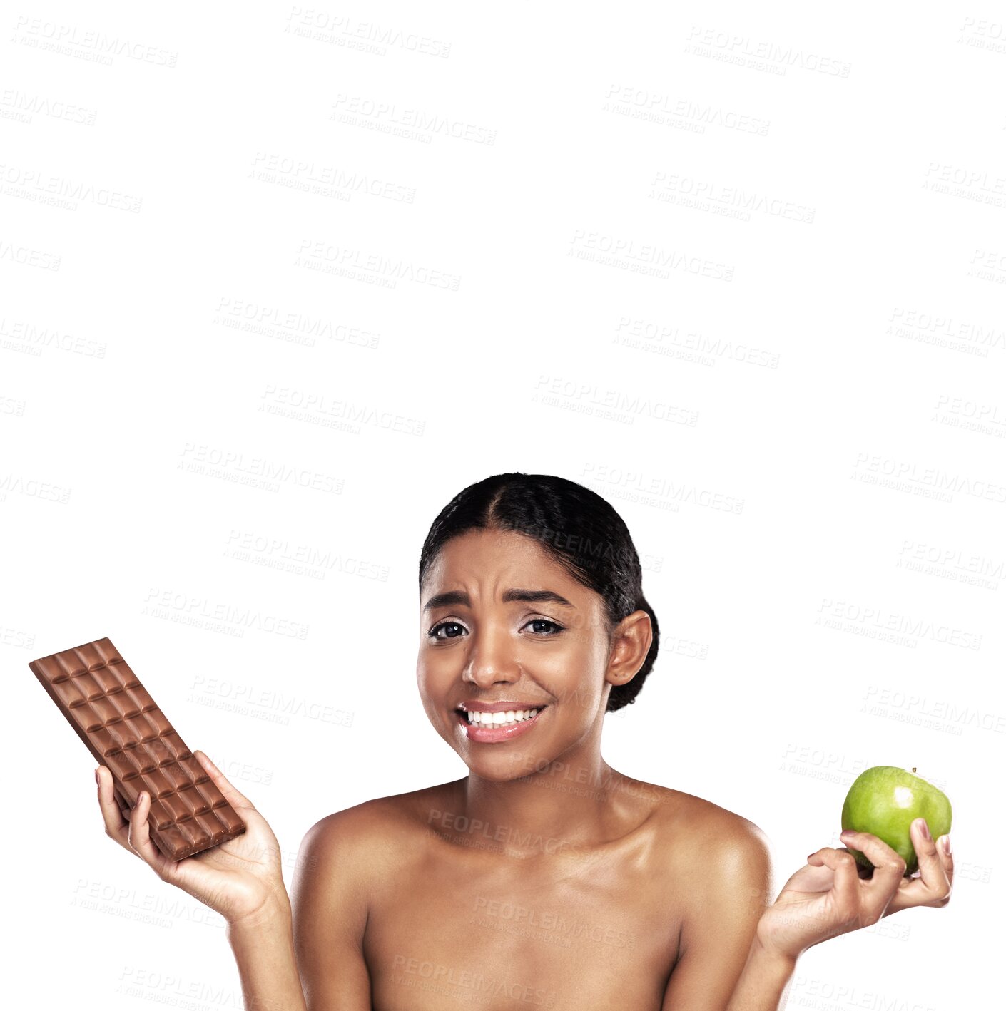 Buy stock photo Woman, portrait and chocolate or apple in diet balance, choice or isolated transparent png background. Indian person, face and candy or fruit discipline health decision, sugar craving or lose weight