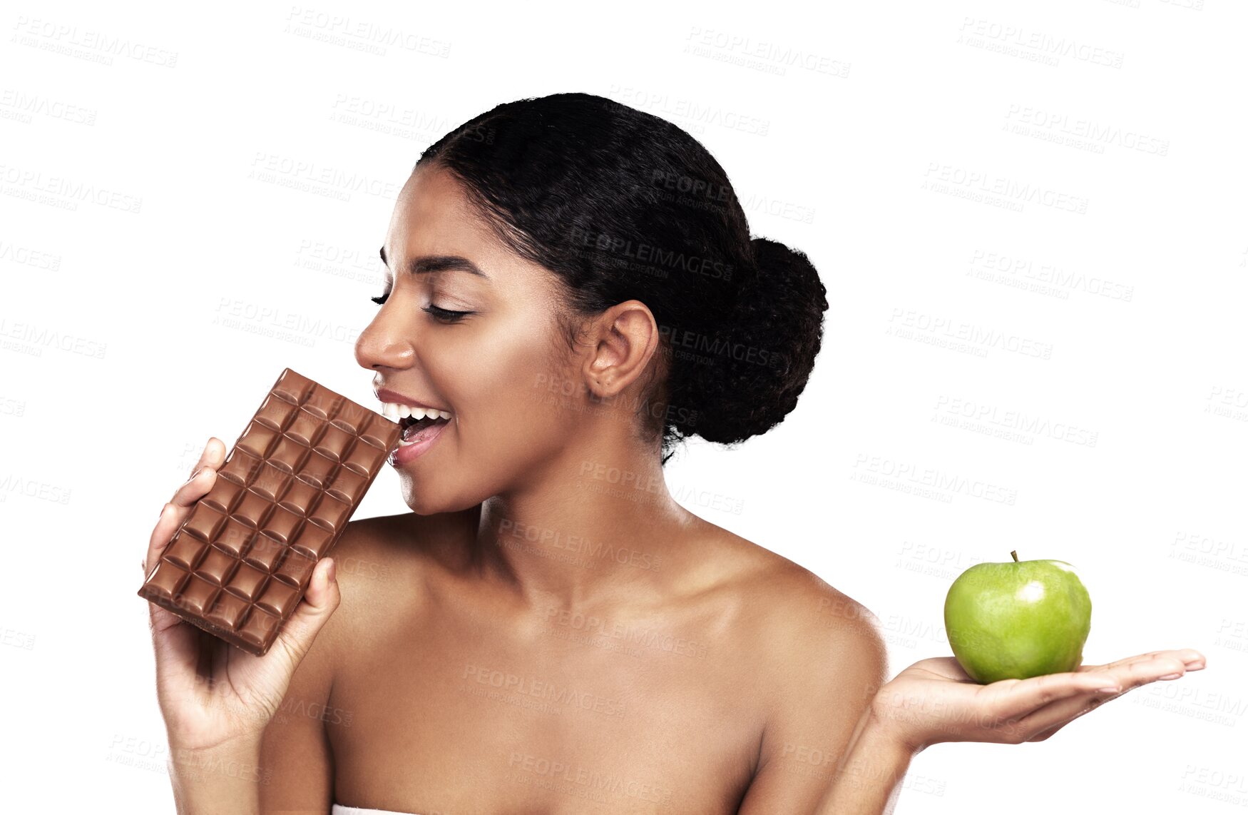 Buy stock photo Woman, chocolate and apple as decision or diet choice, isolated on transparent png background. Indian person, candy and fruit or discipline health balance as sugar craving, lose weight or sweet snack